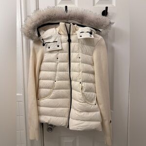 Moose Knuckles Off-White Puffer Jacket with Shearling Trim